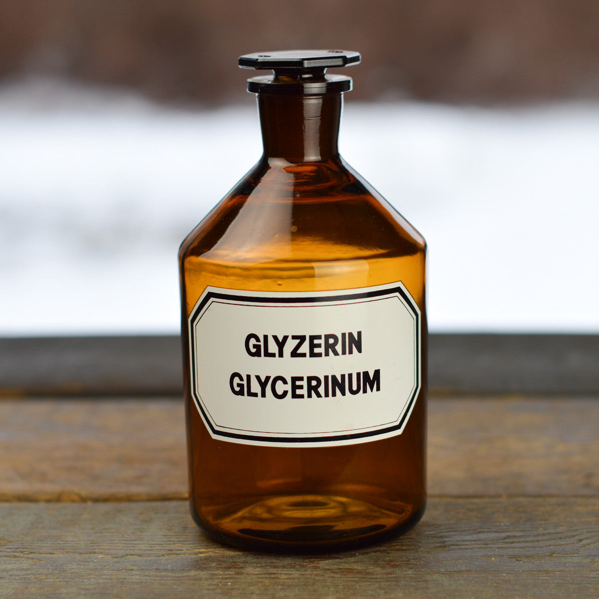 Vintage 1930’s - 1940’s Apothecary Jar with Latin Label GLYZERIN GLYCERINUM and Hexagon Stopper