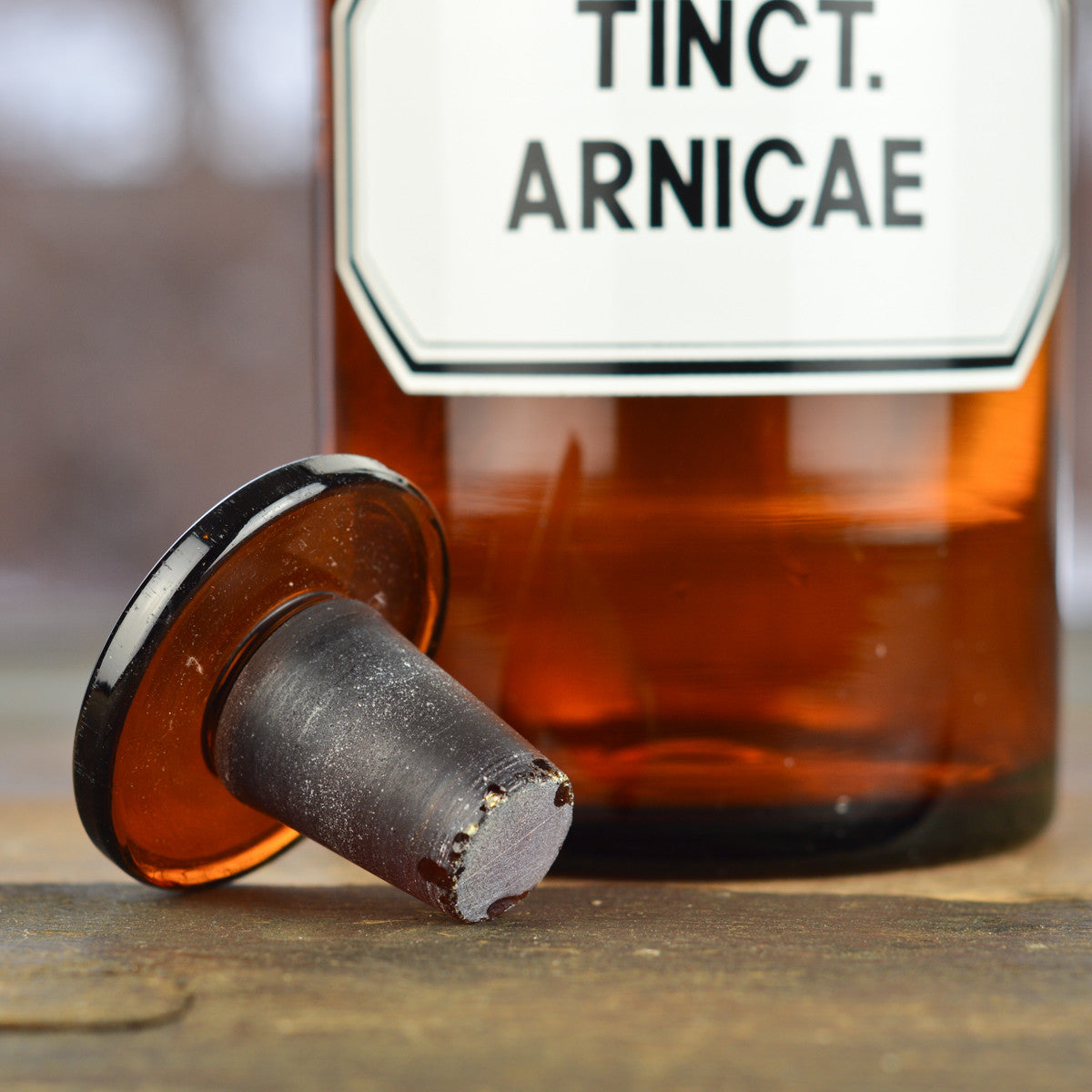 Vintage 1930’s - 1940’s Apothecary Jar with Latin Label TINCT. ARNICAE. and Round Stopper