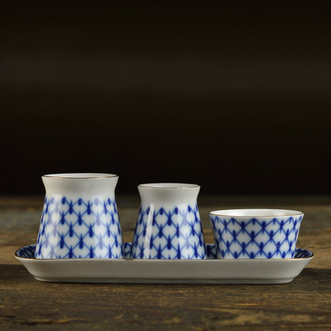 1960’s Porcelain Mustard, Pepper and Salt Set with a Tray