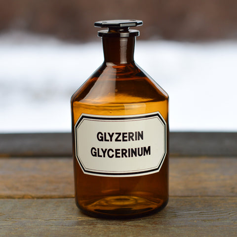 Vintage 1930’s - 1940’s Apothecary Jar with Latin Label GLYZERIN GLYCERINUM and Hexagon Stopper