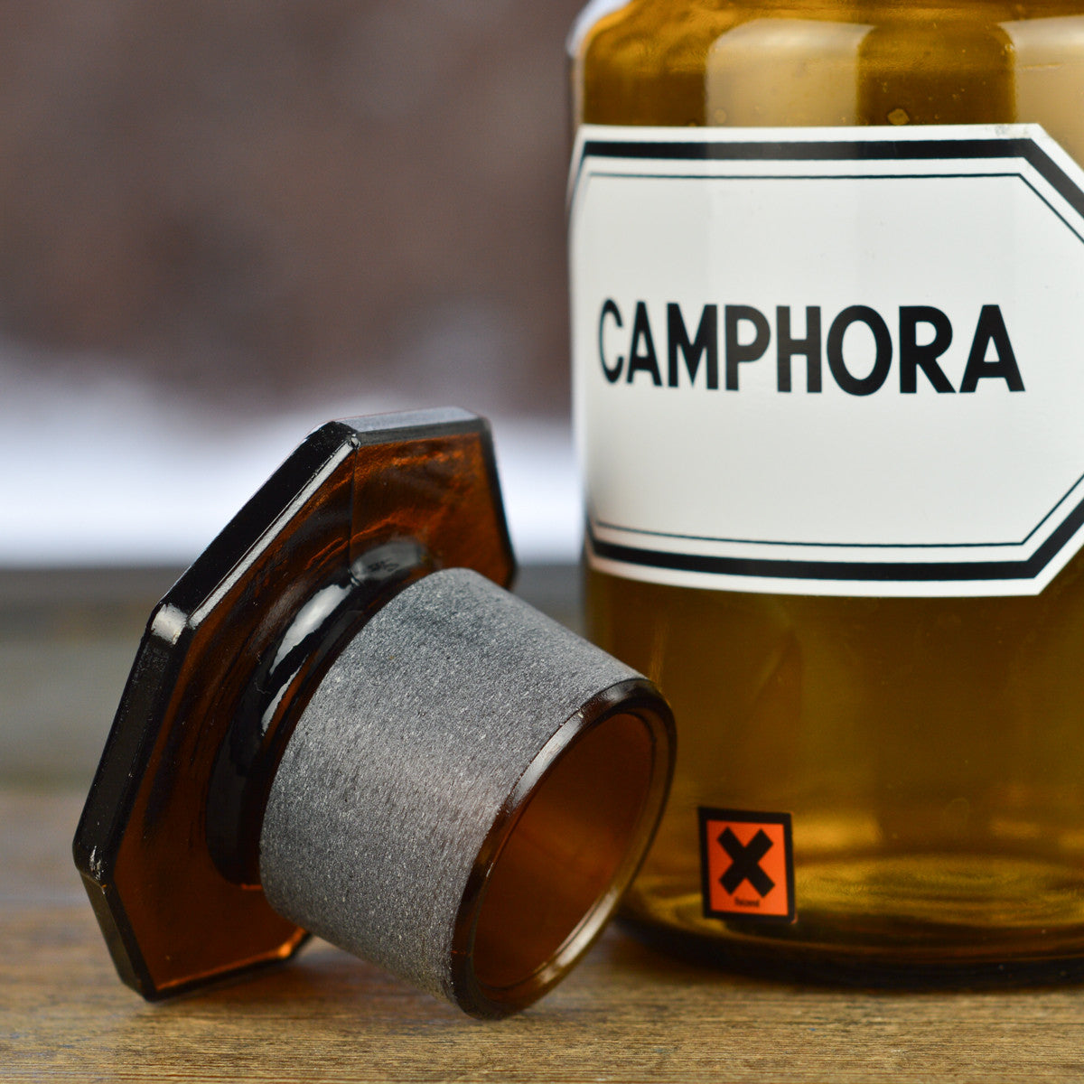 Vintage 1930’s - 1940’s Apothecary Jar with Latin Label CAMPHORA and Hexagon Stopper