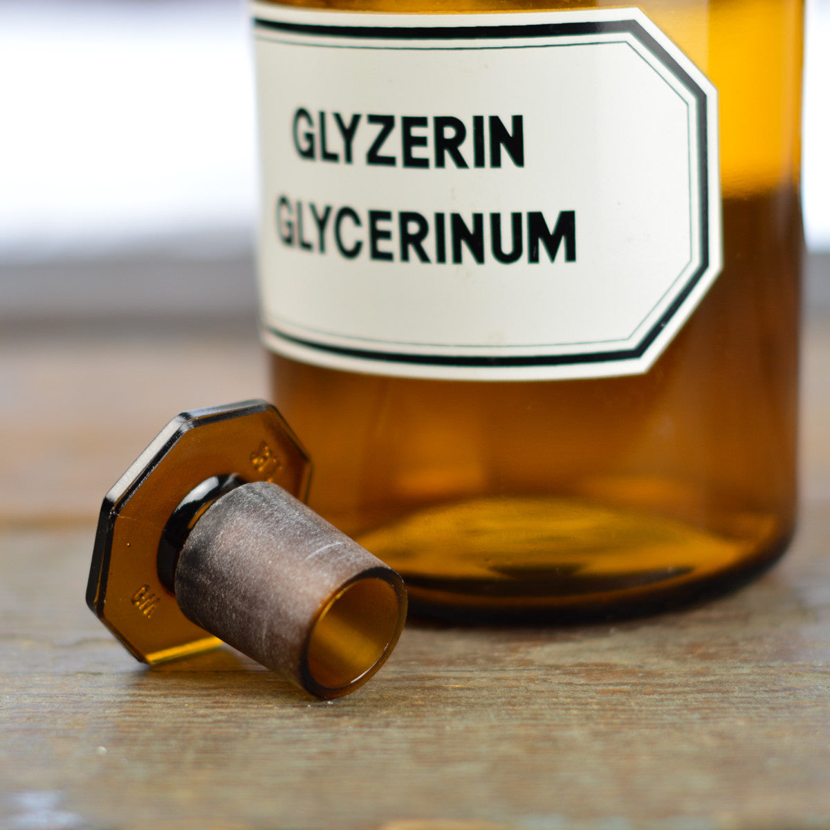 Vintage 1930’s - 1940’s Apothecary Jar with Latin Label GLYZERIN GLYCERINUM and Hexagon Stopper