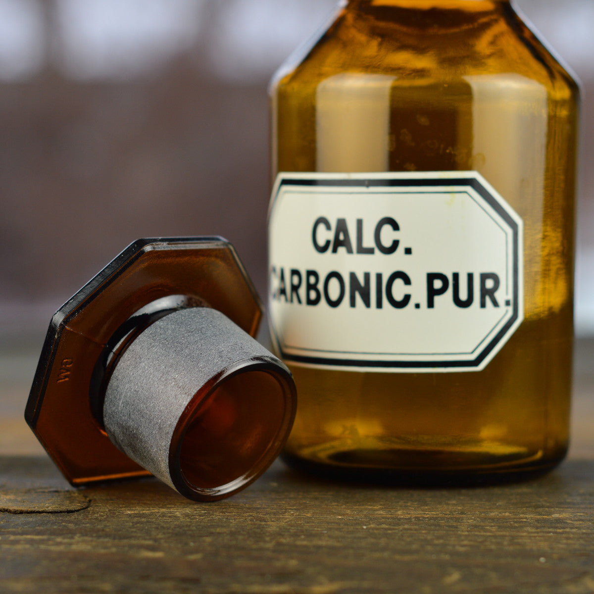 1930’s - 1940’s Apothecary Jar with Latin Label CALC. CARBONIC. PUR. and Hexagon Stopper